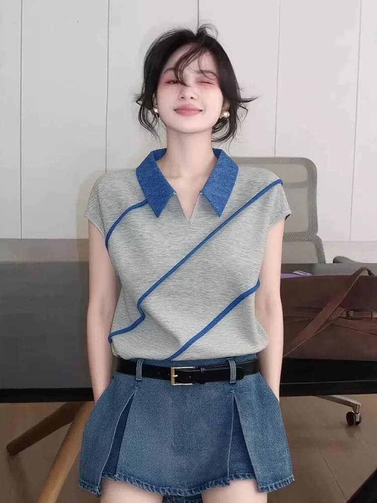 여름 고유 한 레트로 핫걸 배색 폴로 칼라 반팔 티셔츠 여성 디자인 센스 작은 대중 몸매 가꾸기 다용도 아름다운 맨위