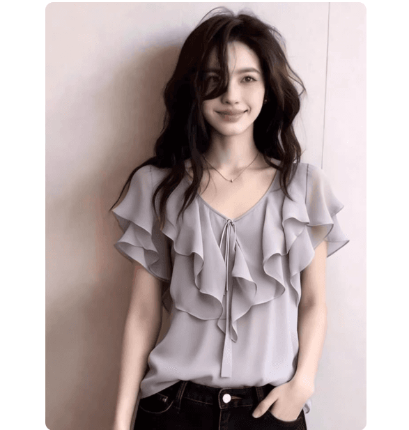 프랑스식 디자인 센스 프릴 쉬폰 블라우스 여성용 짧은 소매 품격 연령 감소 맨위 패션 편안함 2026 여름 새로운