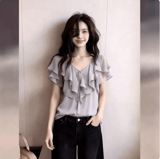 프랑스식 디자인 센스 프릴 쉬폰 블라우스 여성용 짧은 소매 품격 연령 감소 맨위 패션 편안함 2026 여름 새로운 이미지 2