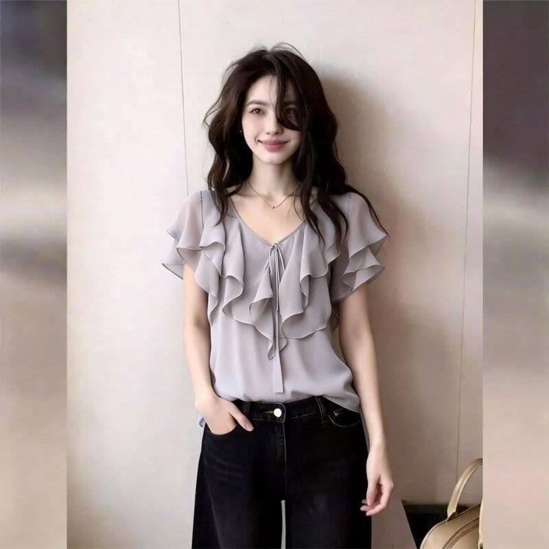 프랑스식 디자인 센스 프릴 쉬폰 블라우스 여성용 짧은 소매 품격 연령 감소 맨위 패션 편안함 2026 여름 새로운 상세 이미지 7