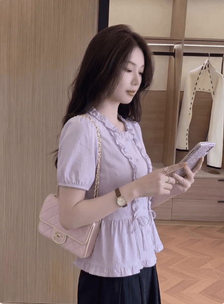 여성 의류 2026 여름 나비 넥타이 허리 수축 슬림해 보이는 빅 사이즈 맨위 프랑스식 부드러운 바람 보라색 반팔 셔츠 이미지 2