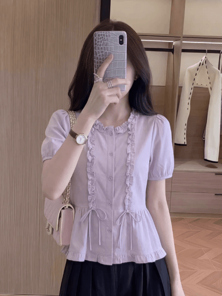 여성 의류 2026 여름 나비 넥타이 허리 수축 슬림해 보이는 빅 사이즈 맨위 프랑스식 부드러운 바람 보라색 반팔 셔츠 이미지 4