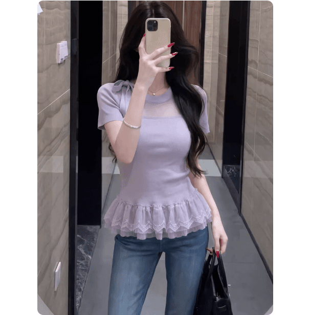 프랑스식 달콤한 스타일 보라색 V넥 반팔 프릴 프릴 슬림해 보이는 2026 여름 새로운 티셔츠 맨위 여성