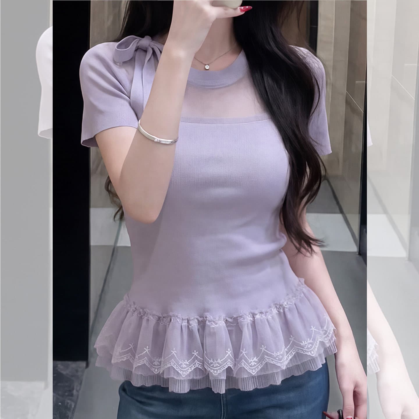 프랑스식 달콤한 스타일 보라색 V넥 반팔 프릴 프릴 슬림해 보이는 2026 여름 새로운 티셔츠 맨위 여성 상세 이미지 5