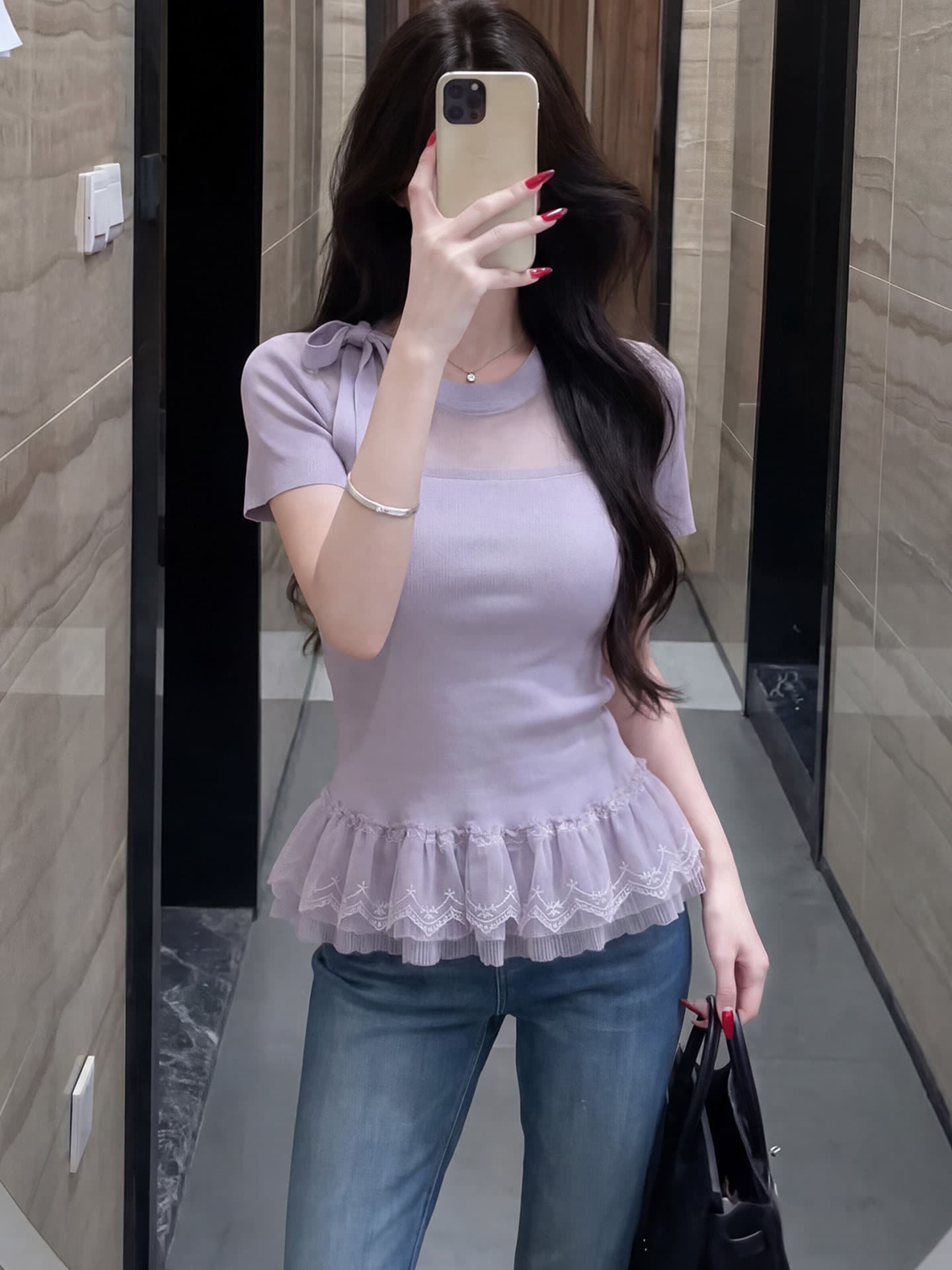 프랑스식 달콤한 스타일 보라색 V넥 반팔 프릴 프릴 슬림해 보이는 2026 여름 새로운 티셔츠 맨위 여성 상세 이미지 7