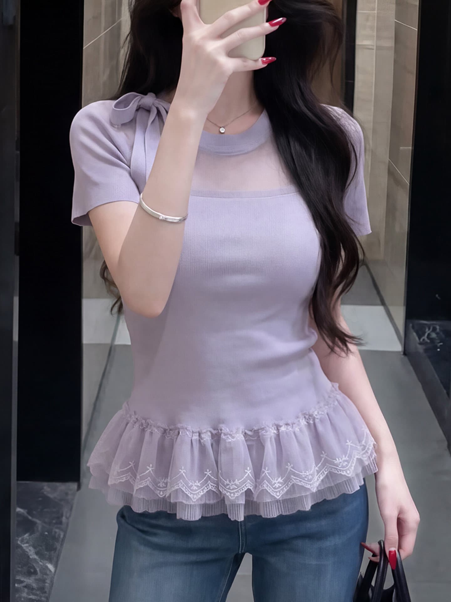 프랑스식 달콤한 스타일 보라색 V넥 반팔 프릴 프릴 슬림해 보이는 2026 여름 새로운 티셔츠 맨위 여성 상세 이미지 8