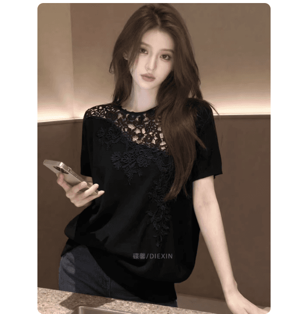2026 여름 새로운 프랑스식 품격 검정색 레이스 조각 반팔 티셔츠 여성 슬림해 보이는 고급 빅 사이즈 맨위 이미지 4