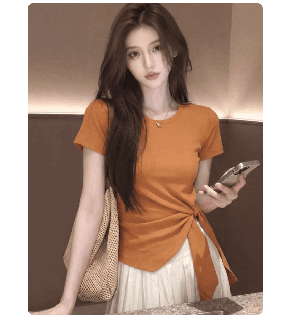 단색 불규칙 스트랩 몸매 가꾸기 반팔 티셔츠 2026 봄 여름 잘 생긴 디스플레이 화이트 라운드 넥 패션 품격 맨위 여성 이미지 4