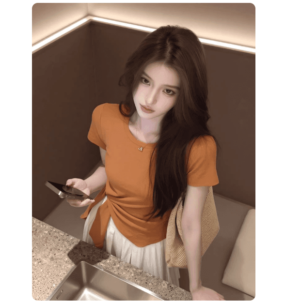 단색 불규칙 스트랩 몸매 가꾸기 반팔 티셔츠 2026 봄 여름 잘 생긴 디스플레이 화이트 라운드 넥 패션 품격 맨위 여성 이미지 3
