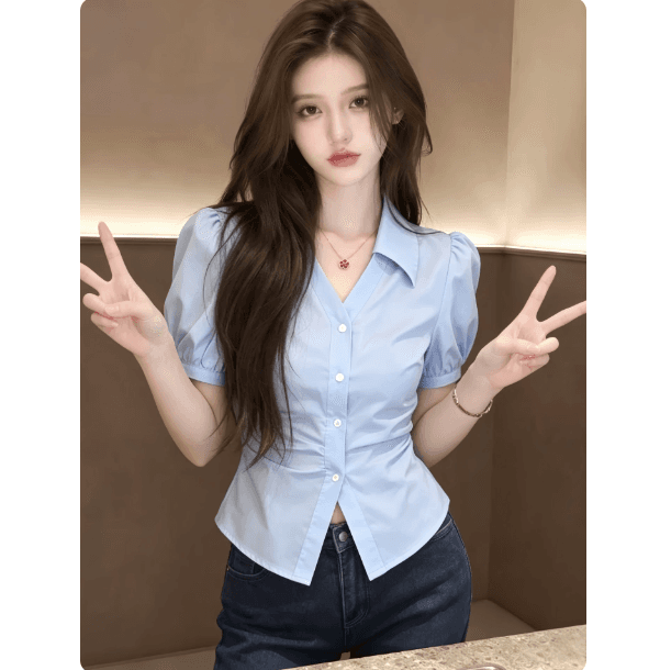 파란색 반팔 셔츠 여자 2026 새로운 여름 디자인 센스 허리 수축 슬림해 보이는 Chic 매우 요정 ~ 중 맨위 셔츠 이미지 3