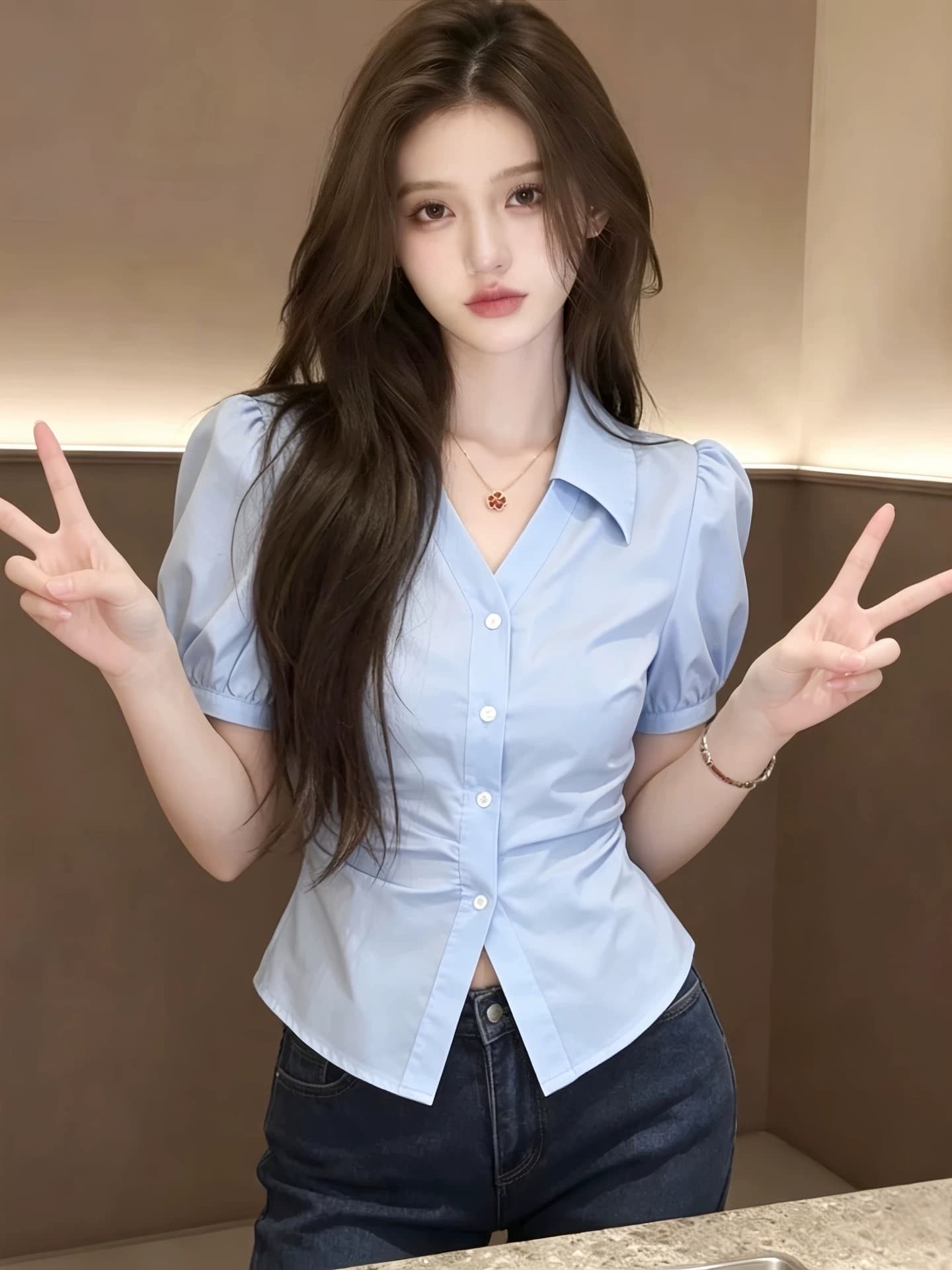 파란색 반팔 셔츠 여자 2026 새로운 여름 디자인 센스 허리 수축 슬림해 보이는 Chic 매우 요정 ~ 중 맨위 셔츠 상세 이미지 1