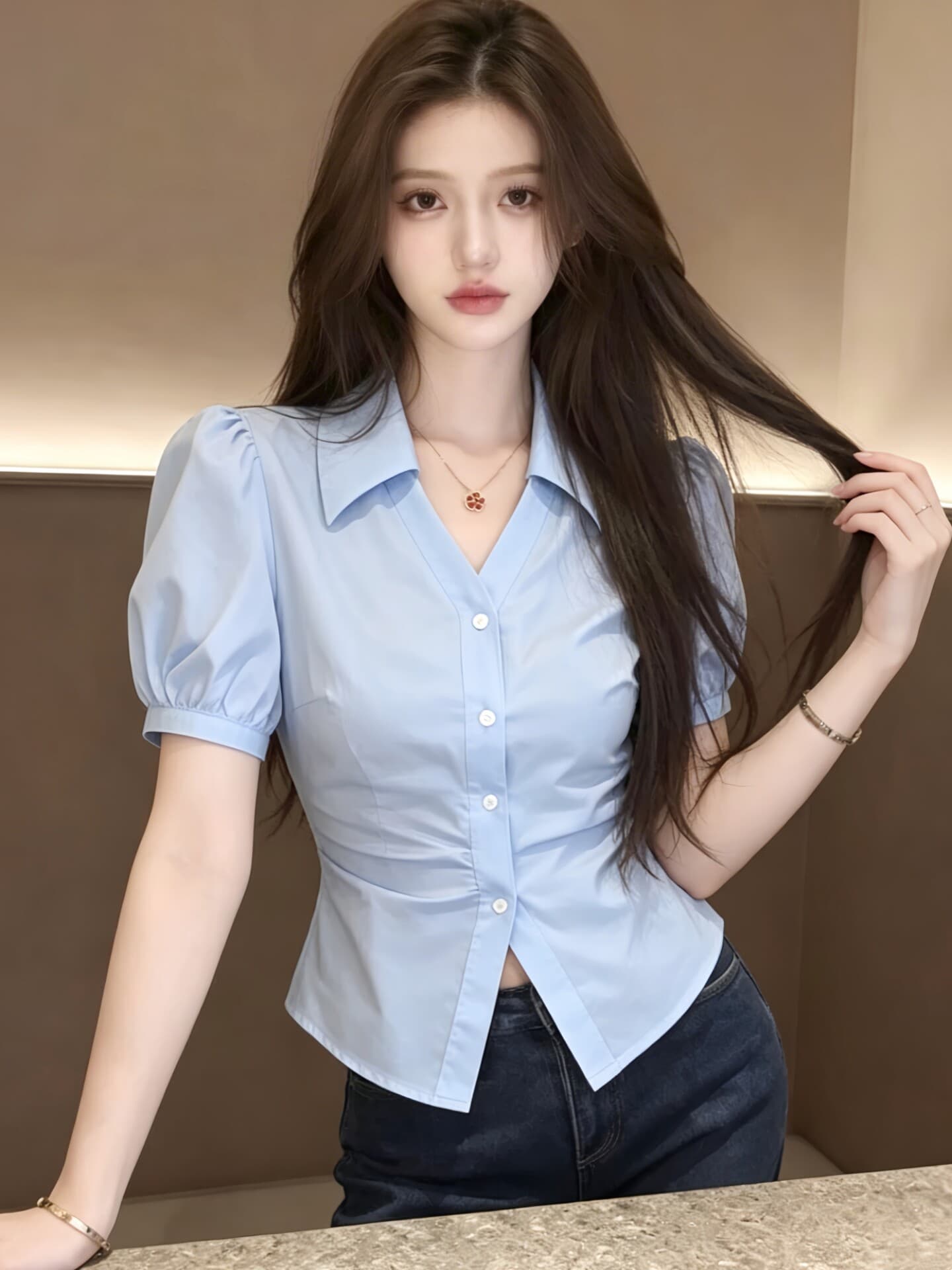 파란색 반팔 셔츠 여자 2026 새로운 여름 디자인 센스 허리 수축 슬림해 보이는 Chic 매우 요정 ~ 중 맨위 셔츠 상세 이미지 4