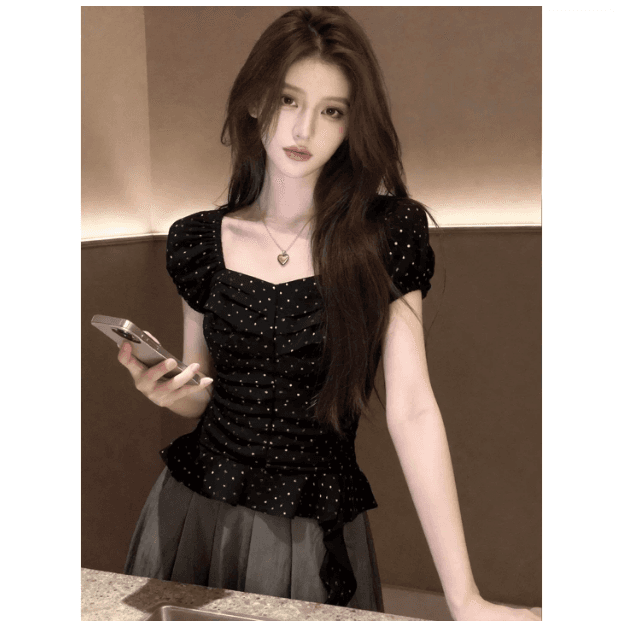 한 부서 주름 패치워크 연꽃 잎 밑단 도트 무늬 검정색 맨위 2026 년 여름 여성 의류 새로운 부드러운 품격 작은 셔츠 이미지 4