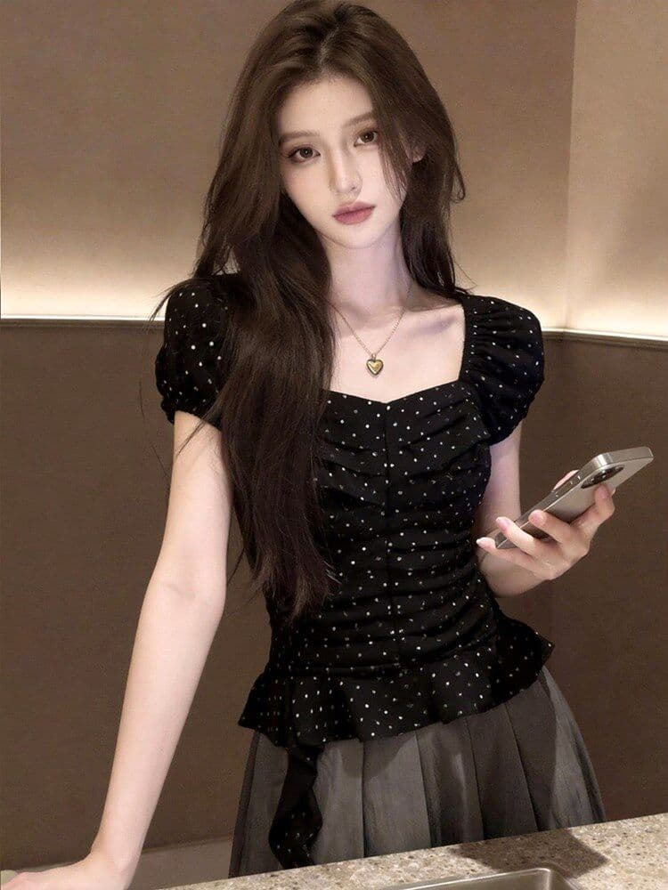 한 부서 주름 패치워크 연꽃 잎 밑단 도트 무늬 검정색 맨위 2026 년 여름 여성 의류 새로운 부드러운 품격 작은 셔츠 상세 이미지 3