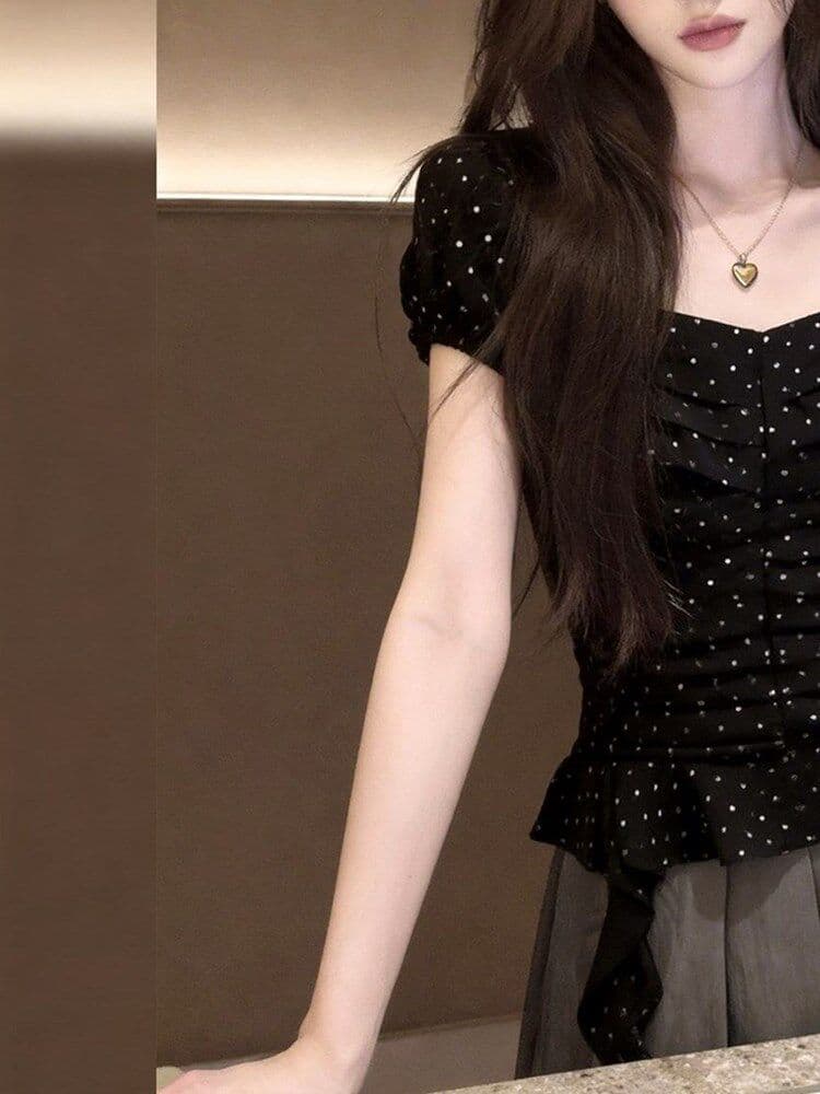 한 부서 주름 패치워크 연꽃 잎 밑단 도트 무늬 검정색 맨위 2026 년 여름 여성 의류 새로운 부드러운 품격 작은 셔츠 상세 이미지 4