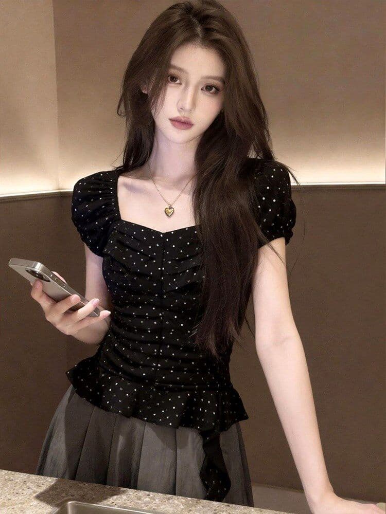 한 부서 주름 패치워크 연꽃 잎 밑단 도트 무늬 검정색 맨위 2026 년 여름 여성 의류 새로운 부드러운 품격 작은 셔츠 상세 이미지 7