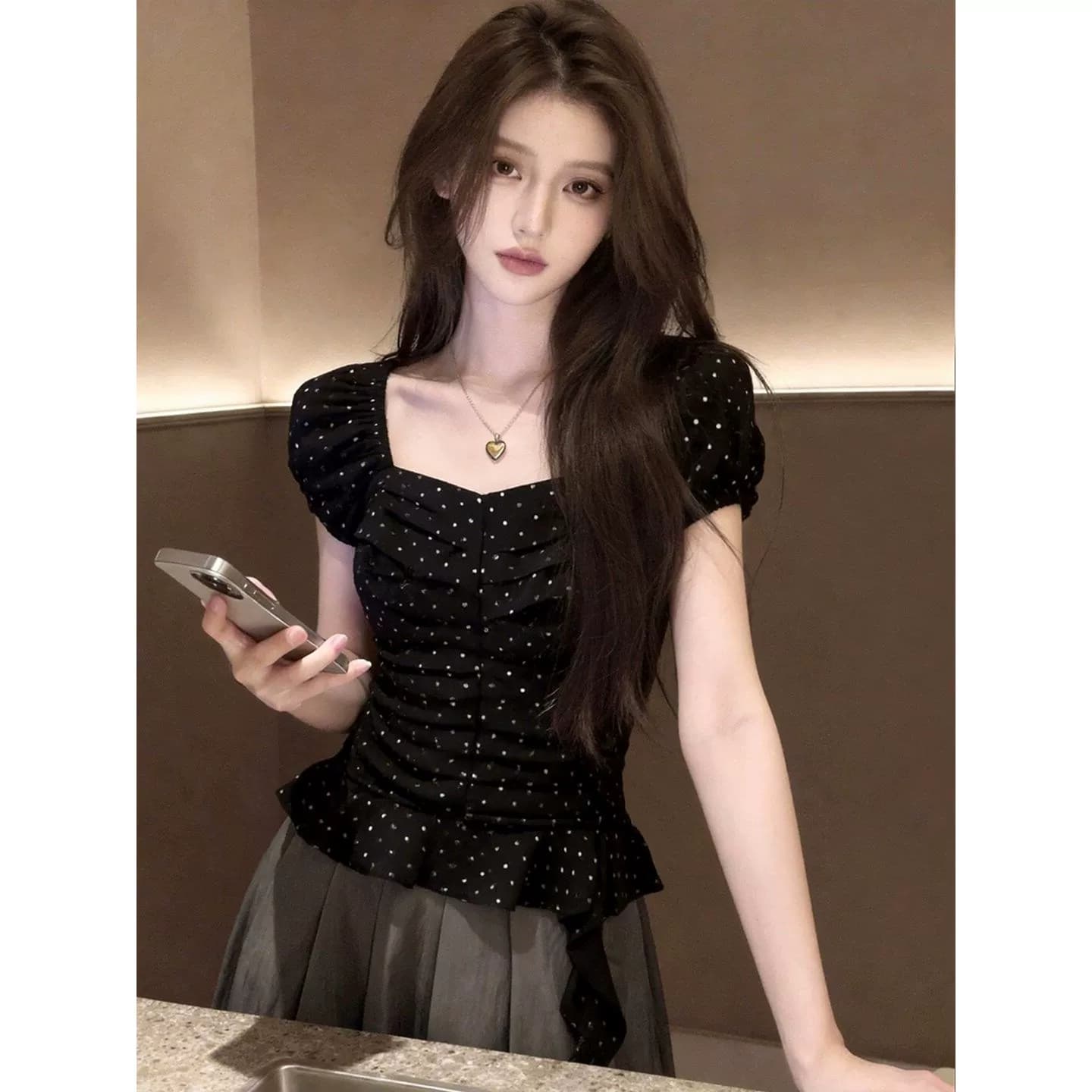 한 부서 주름 패치워크 연꽃 잎 밑단 도트 무늬 검정색 맨위 2026 년 여름 여성 의류 새로운 부드러운 품격 작은 셔츠 상세 이미지 8