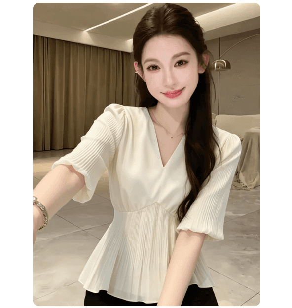 패션 빛 요리 한 고급 센스 살구 색상 V넥 프릴 5 점 소매 여성 셔츠 여름 섹션 슈퍼 잘 생긴 출퇴근 셔츠
