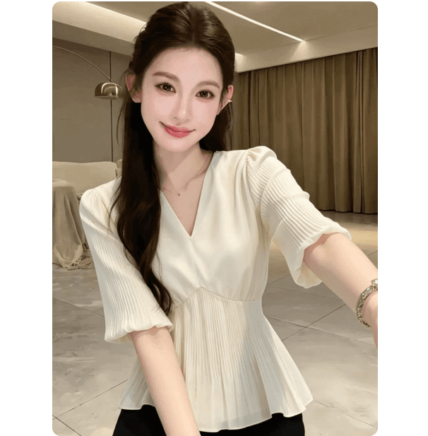 패션 빛 요리 한 고급 센스 살구 색상 V넥 프릴 5 점 소매 여성 셔츠 여름 섹션 슈퍼 잘 생긴 출퇴근 셔츠 이미지 2