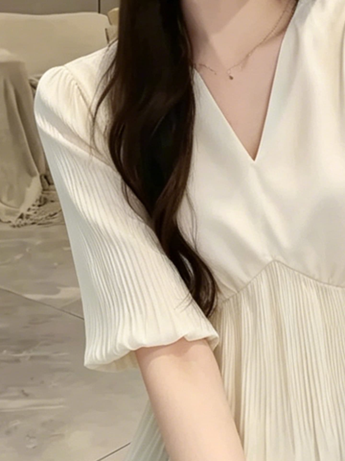패션 빛 요리 한 고급 센스 살구 색상 V넥 프릴 5 점 소매 여성 셔츠 여름 섹션 슈퍼 잘 생긴 출퇴근 셔츠 상세 이미지 5