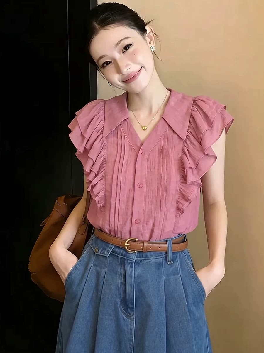 프랑스식 품격 프릴 반팔 여성 셔츠 여름 루즈핏 디자인 센스 작은 대중 외국 가스 작은 셔츠 고급 센스 맨위 상세 이미지 1