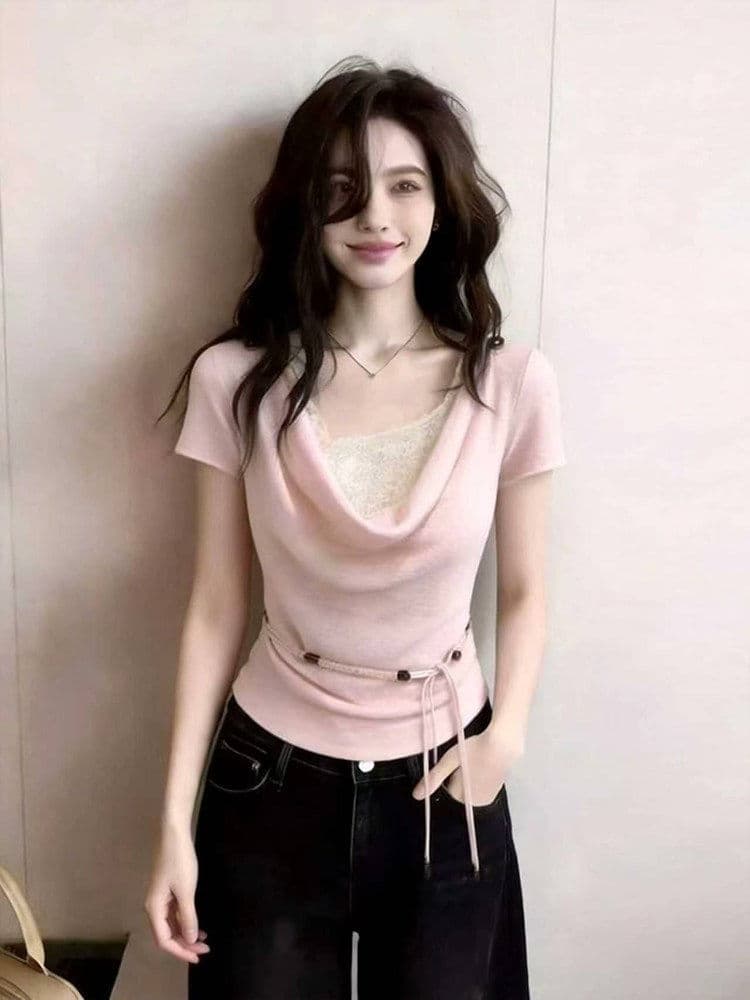 프랑스식 부드러운 레이스 조각 흔들다 칼라 반팔 티셔츠 여성 여름 디자인 센스 작은 대중 고유 한 아름다운 몸매 가꾸기 맨위 상세 이미지 3