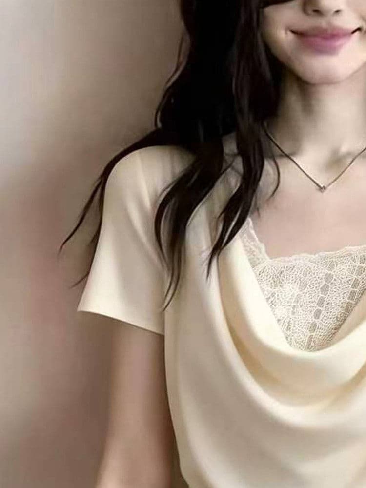 프랑스식 부드러운 레이스 조각 흔들다 칼라 반팔 티셔츠 여성 여름 디자인 센스 작은 대중 고유 한 아름다운 몸매 가꾸기 맨위 상세 이미지 4