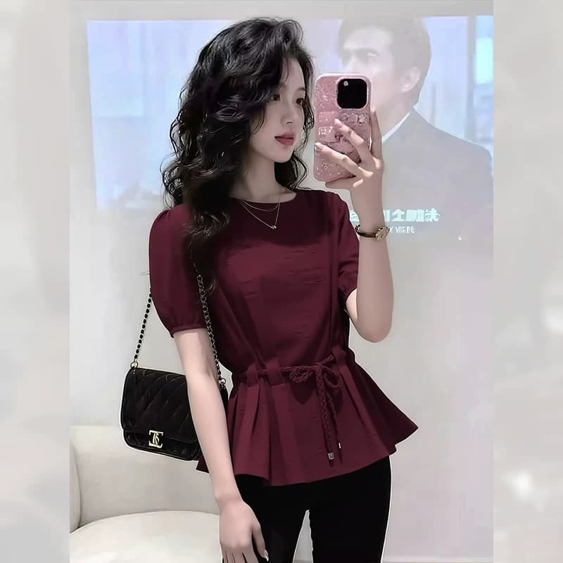 레트로 아름다운 반팔 여성 셔츠 여름 2026 년 새로운 절묘한 허리 수축 연령 감소 맨위 작은 셔츠 다용도 슬림해 보이는 상세 이미지 1