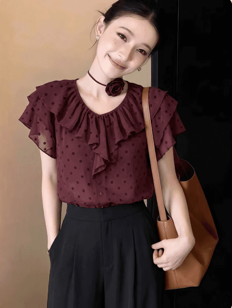 디자인 센스 프릴 도트 무늬 시폰 셔츠 여성 여름 새로운 작은 대중 Chic 디자인 센스 품격 다용도 슬림해 보이는 맨위 이미지 2