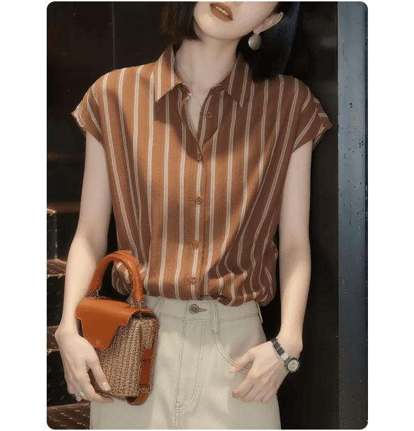 항구 바람 레트로 배색 세로 줄무늬 품격 반팔 여성 셔츠 2026 여름 새로운 폴로 칼라 경력 출퇴근 맨위 이미지 4