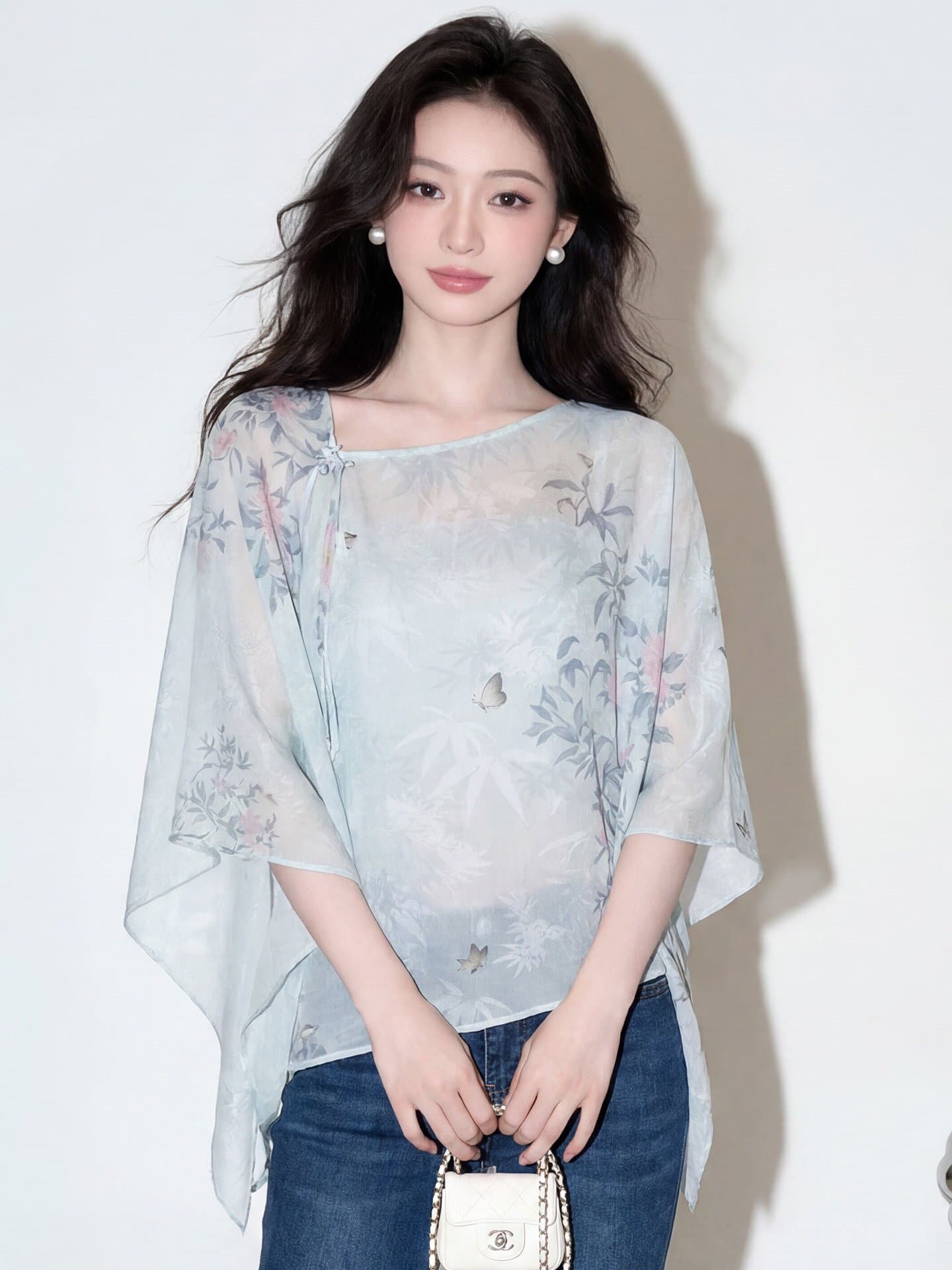 프랑스식 자이언트 잘 생긴 파란색 프린트 쉬폰 블라우스 여성 셔츠 여름 신제품 품격 얇은 스타일 태양 보호 셔츠 슬림해 보이는 맨위 상세 이미지 2