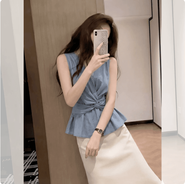 파란색 빛 요리 한 명문 여성 바람 레이스 V넥 조끼 여성 의류 여름 달콤한 핫걸 비틀림 셔츠 빅 사이즈 민소매 맨위