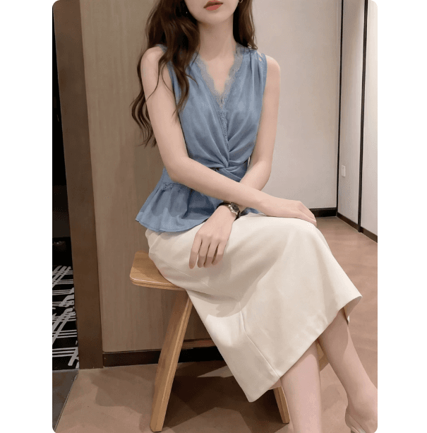 파란색 빛 요리 한 명문 여성 바람 레이스 V넥 조끼 여성 의류 여름 달콤한 핫걸 비틀림 셔츠 빅 사이즈 민소매 맨위 이미지 3
