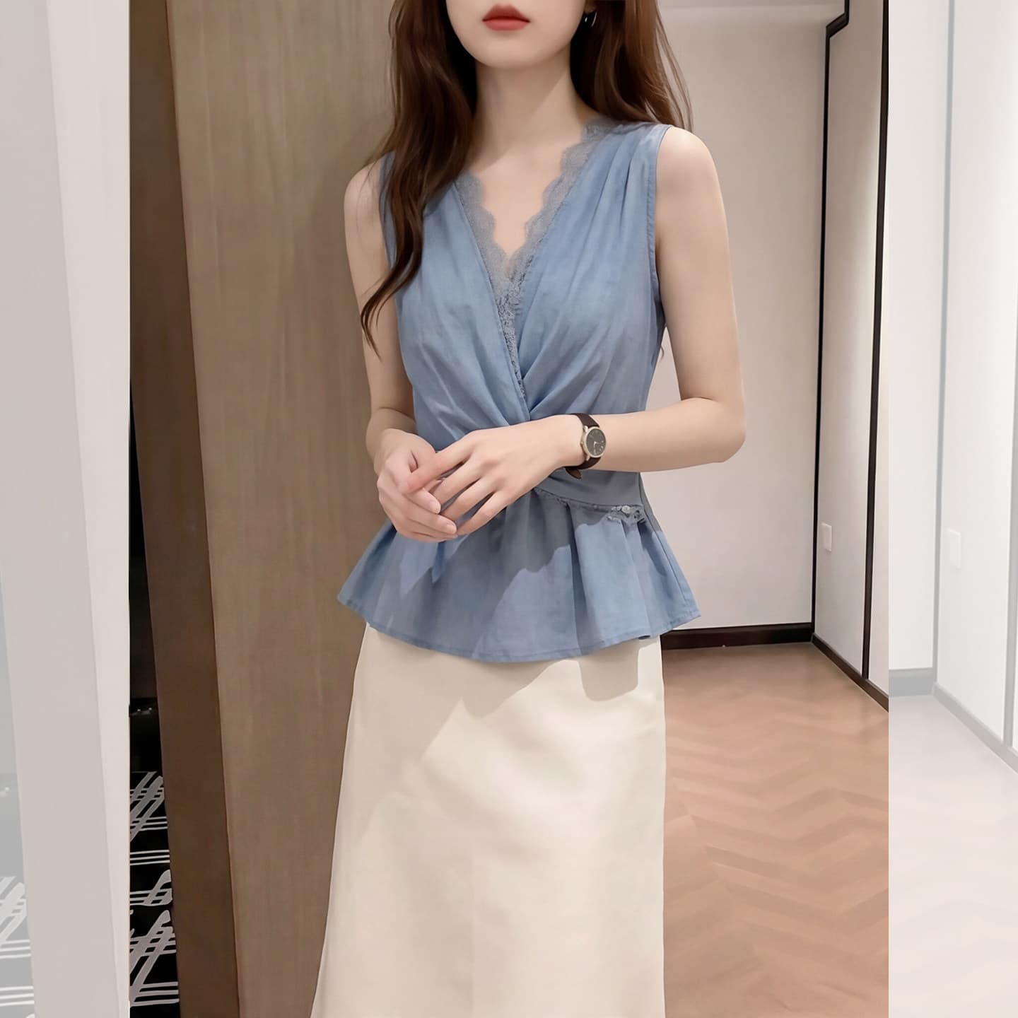 파란색 빛 요리 한 명문 여성 바람 레이스 V넥 조끼 여성 의류 여름 달콤한 핫걸 비틀림 셔츠 빅 사이즈 민소매 맨위 상세 이미지 3