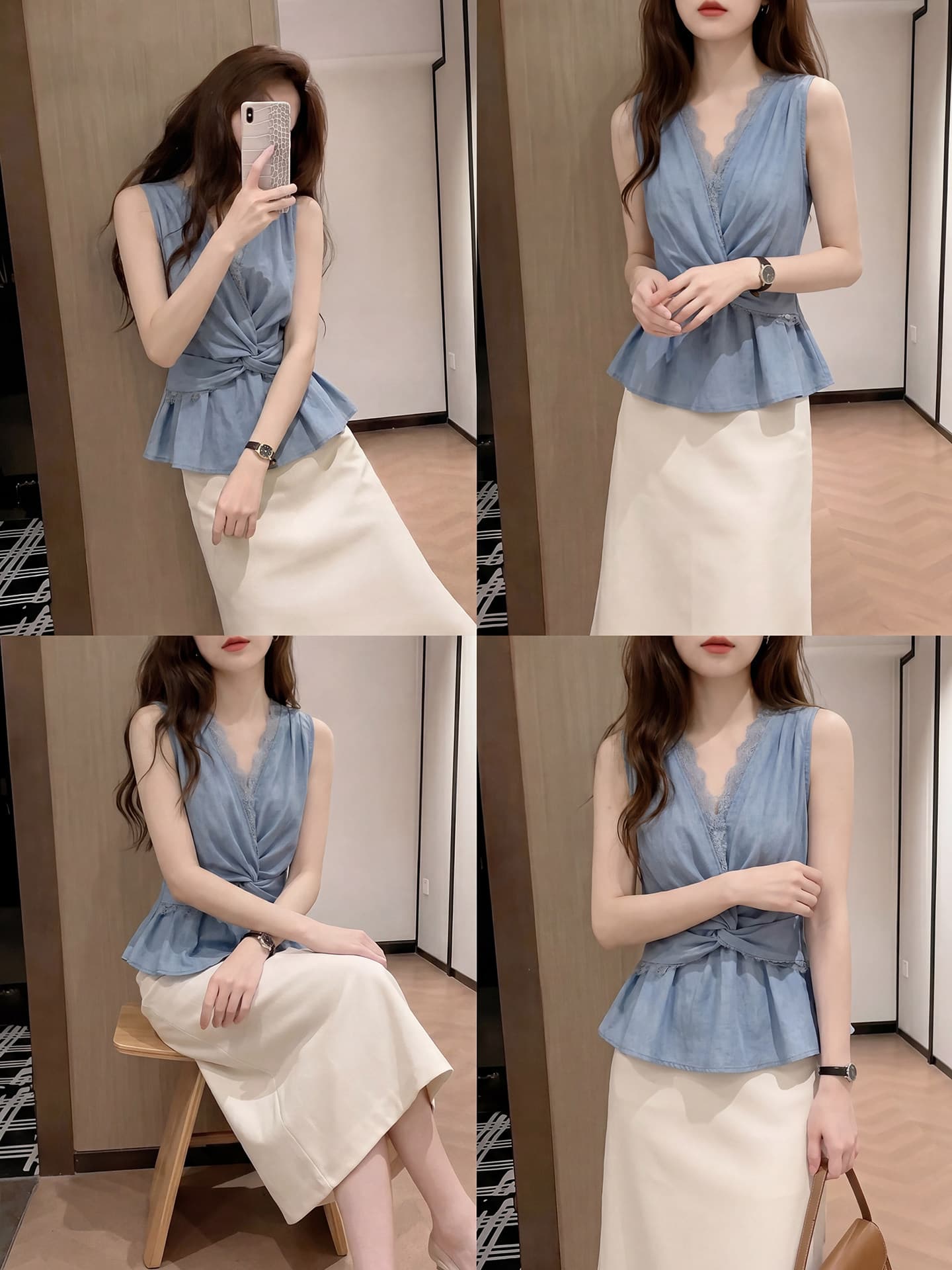 파란색 빛 요리 한 명문 여성 바람 레이스 V넥 조끼 여성 의류 여름 달콤한 핫걸 비틀림 셔츠 빅 사이즈 민소매 맨위 상세 이미지 10