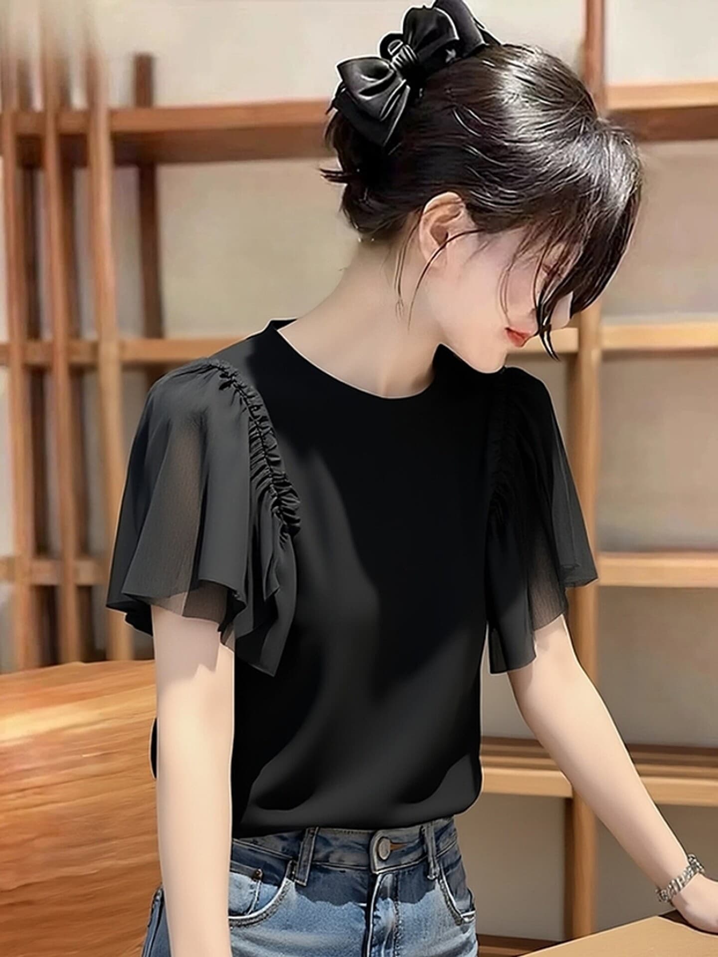 Chic 빛 럭셔리 우아함 검정색 반팔 티셔츠 여성 2026 여름 새로운 외국 가스 다용도 Chic 연령 감소 맨위 트렌디 상세 이미지 3