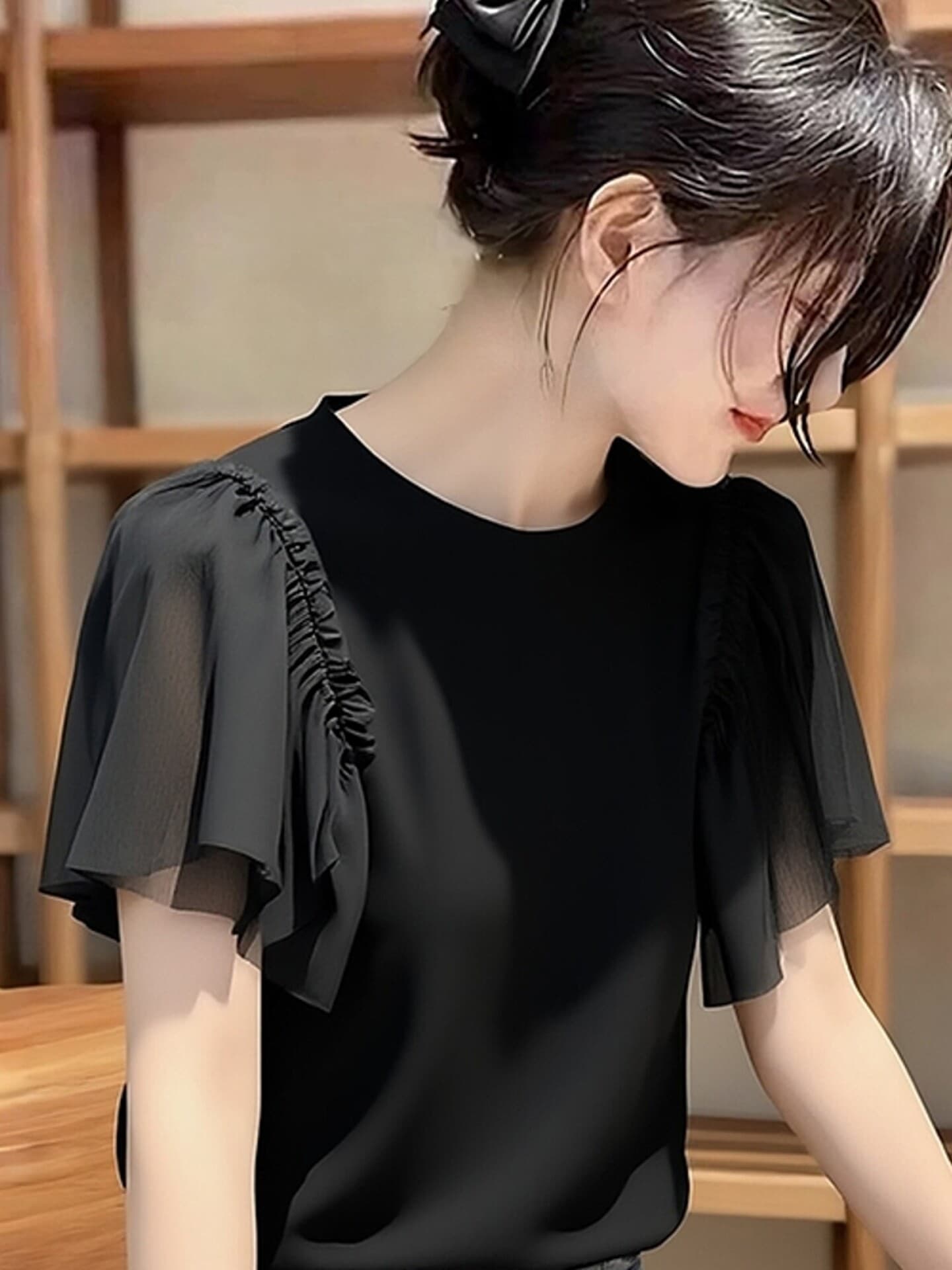 Chic 빛 럭셔리 우아함 검정색 반팔 티셔츠 여성 2026 여름 새로운 외국 가스 다용도 Chic 연령 감소 맨위 트렌디 상세 이미지 5