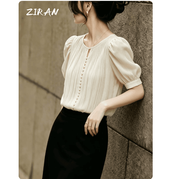 출퇴근 바람 거품 소매 스탠드 칼라 여성 셔츠 2026 년 여름 새로운 레트로 품격 살구 색상 맨위 주름 셔츠 이미지 4