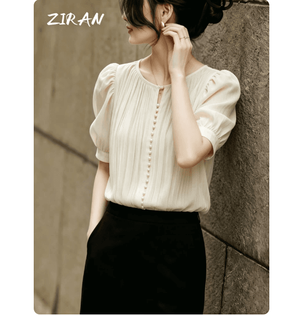 출퇴근 바람 거품 소매 스탠드 칼라 여성 셔츠 2026 년 여름 새로운 레트로 품격 살구 색상 맨위 주름 셔츠 이미지 2