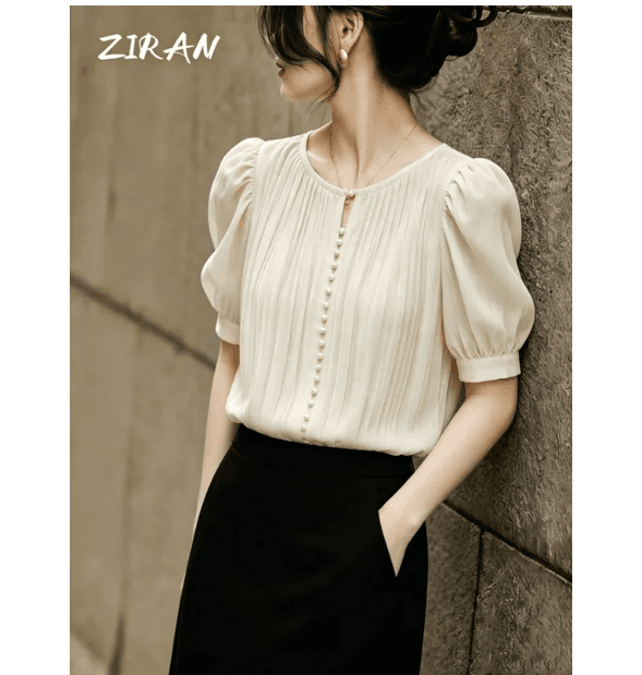 출퇴근 바람 거품 소매 스탠드 칼라 여성 셔츠 2026 년 여름 새로운 레트로 품격 살구 색상 맨위 주름 셔츠