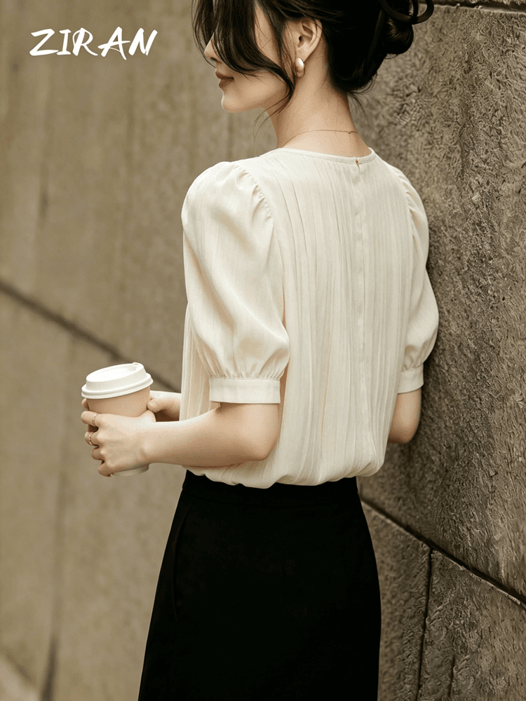 출퇴근 바람 거품 소매 스탠드 칼라 여성 셔츠 2026 년 여름 새로운 레트로 품격 살구 색상 맨위 주름 셔츠 상세 이미지 5