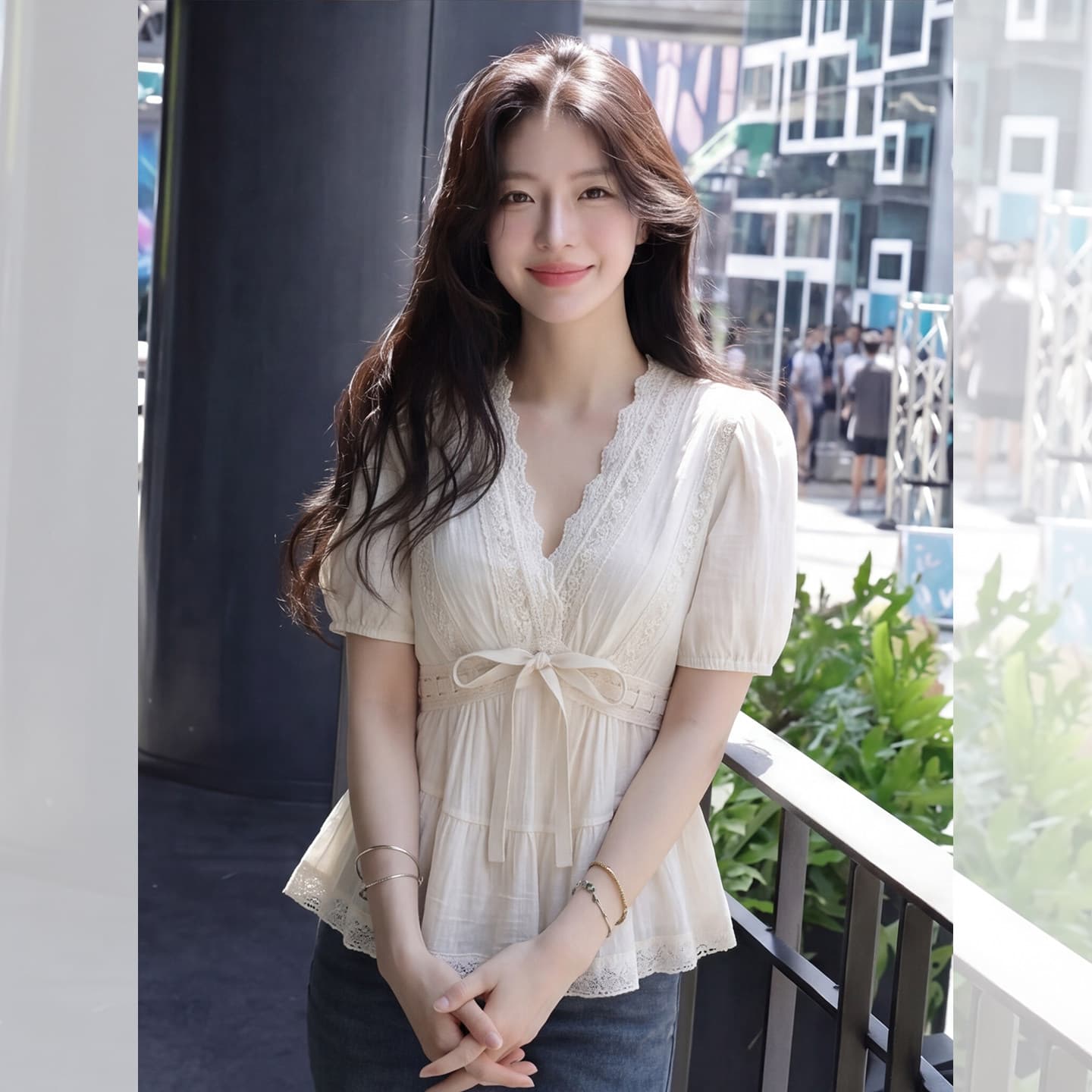 경관 인터넷 여성 나비 넥타이 맨위 2026 여름 빅 사이즈 프랑스식 달콤한 스타일 살구 색상 버블 상세 이미지 4