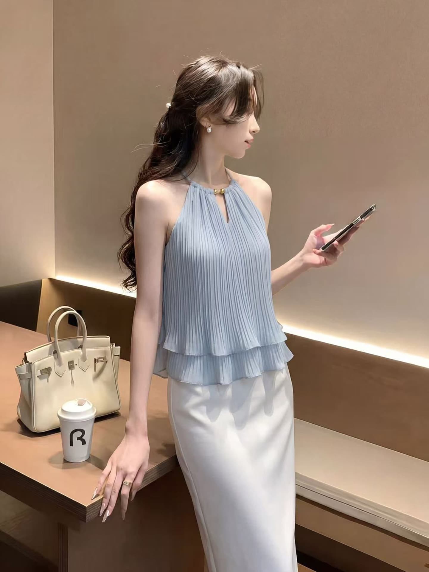 프랑스식 우아함 바람 고급 센스 민소매 행침 목 셔츠 여성 의류 여름 새로운 부드러운 품격 파란색 주름 맨위 상세 이미지 2