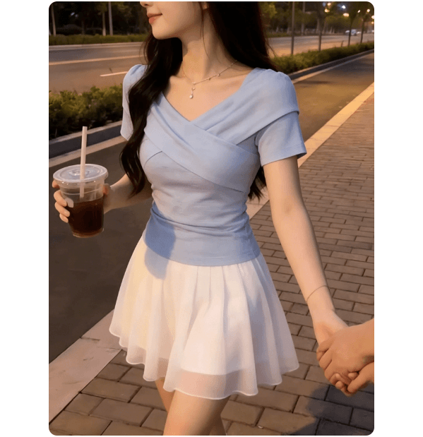 장쑤 저장 및 상하이 천 골드 착용 가져 가라. 하늘색 십자가 반팔 티셔츠 여성 2026 여름 새로운 Chic 매우 요정 ~ 중 맨위 이미지 2