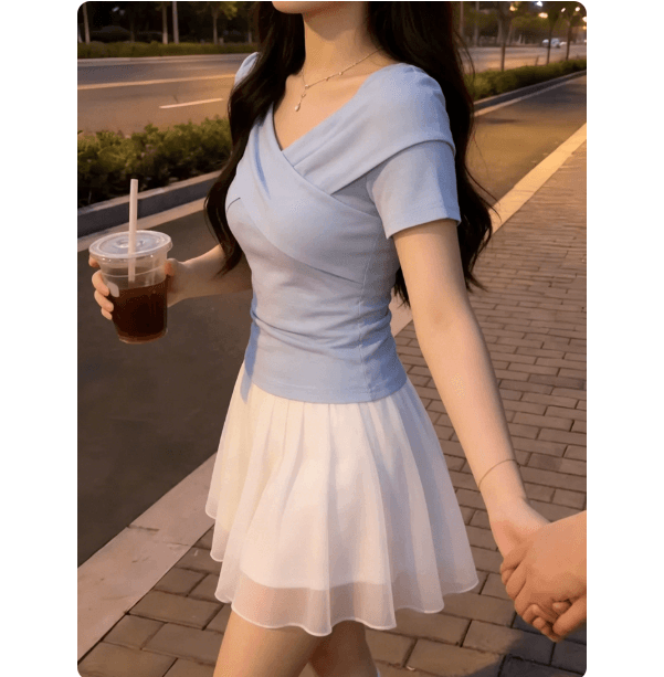 장쑤 저장 및 상하이 천 골드 착용 가져 가라. 하늘색 십자가 반팔 티셔츠 여성 2026 여름 새로운 Chic 매우 요정 ~ 중 맨위 이미지 4