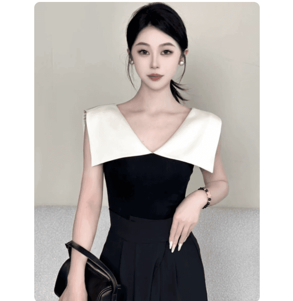프랑스식 품격 배색 폴로 칼라 민소매 맨위 2026 여름 새로운 캐주얼 다용도 로얄 자매 몸매 가꾸기 조끼 여성 의류 이미지 3