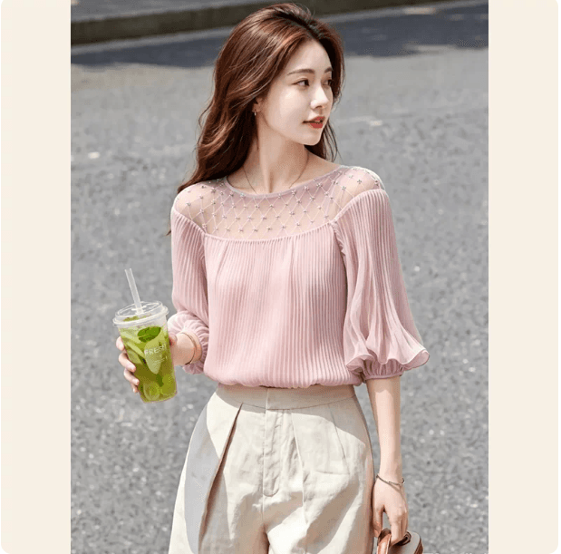 2026 여름 새로운 프랑스식 부드러운 바람 핑크색 거품 소매 맨위 여성 빛 요리 한 우아함 홀로우 아웃 디자인 센스 연령 감소