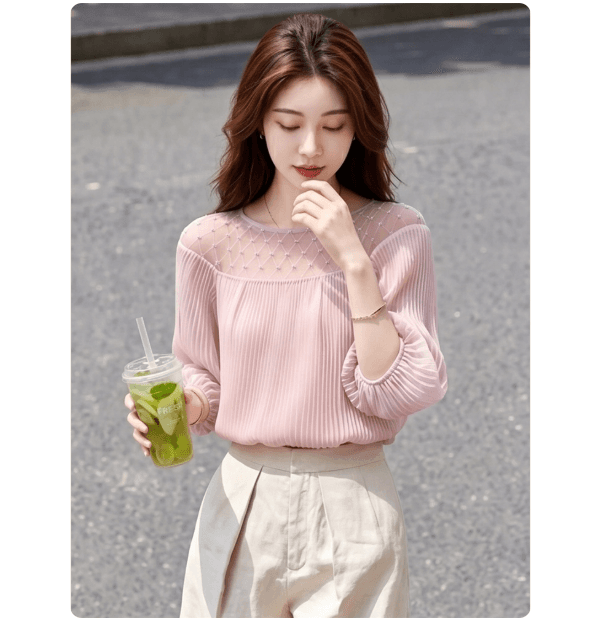 2026 여름 새로운 프랑스식 부드러운 바람 핑크색 거품 소매 맨위 여성 빛 요리 한 우아함 홀로우 아웃 디자인 센스 연령 감소 이미지 2