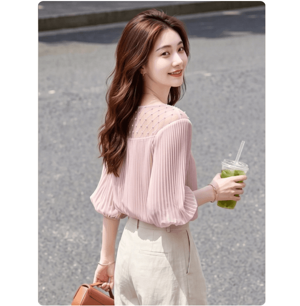 2026 여름 새로운 프랑스식 부드러운 바람 핑크색 거품 소매 맨위 여성 빛 요리 한 우아함 홀로우 아웃 디자인 센스 연령 감소 이미지 3