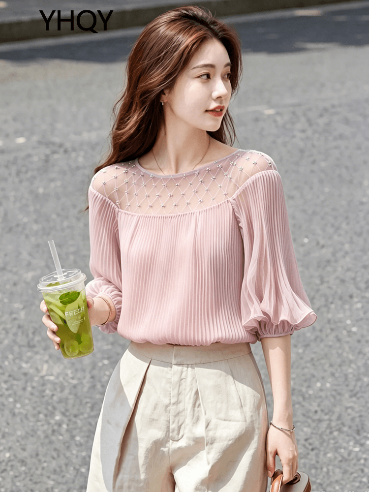 2026 여름 새로운 프랑스식 부드러운 바람 핑크색 거품 소매 맨위 여성 빛 요리 한 우아함 홀로우 아웃 디자인 센스 연령 감소 상세 이미지 3
